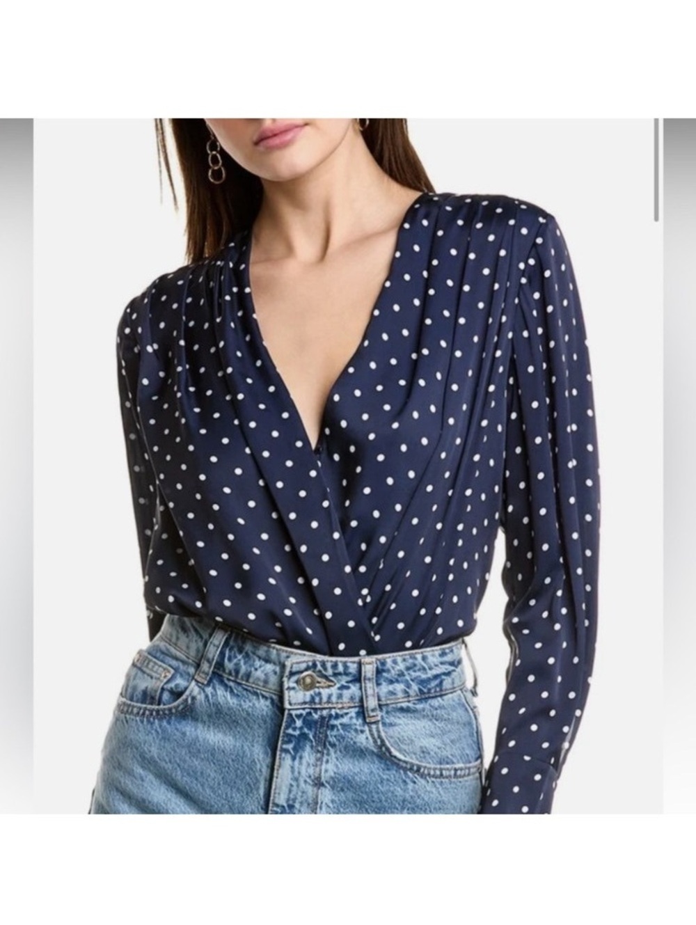 NWOT Favorite Daughter x Anthropologie Long Sleeve navy polka dot bodysuit small
